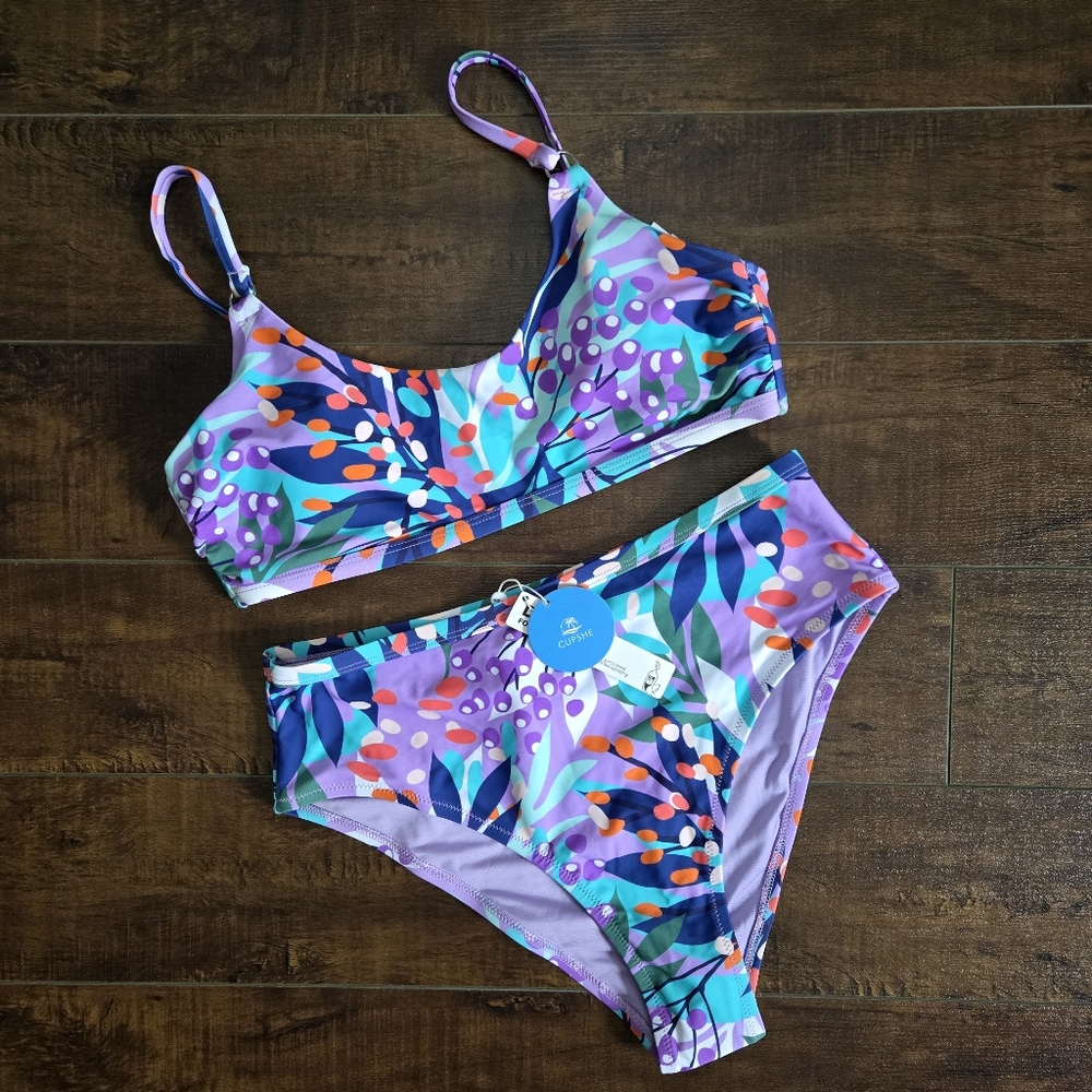 Cupshe Jenesis Tropical Back Hook Bikini NWT Purple Mix Size Medium